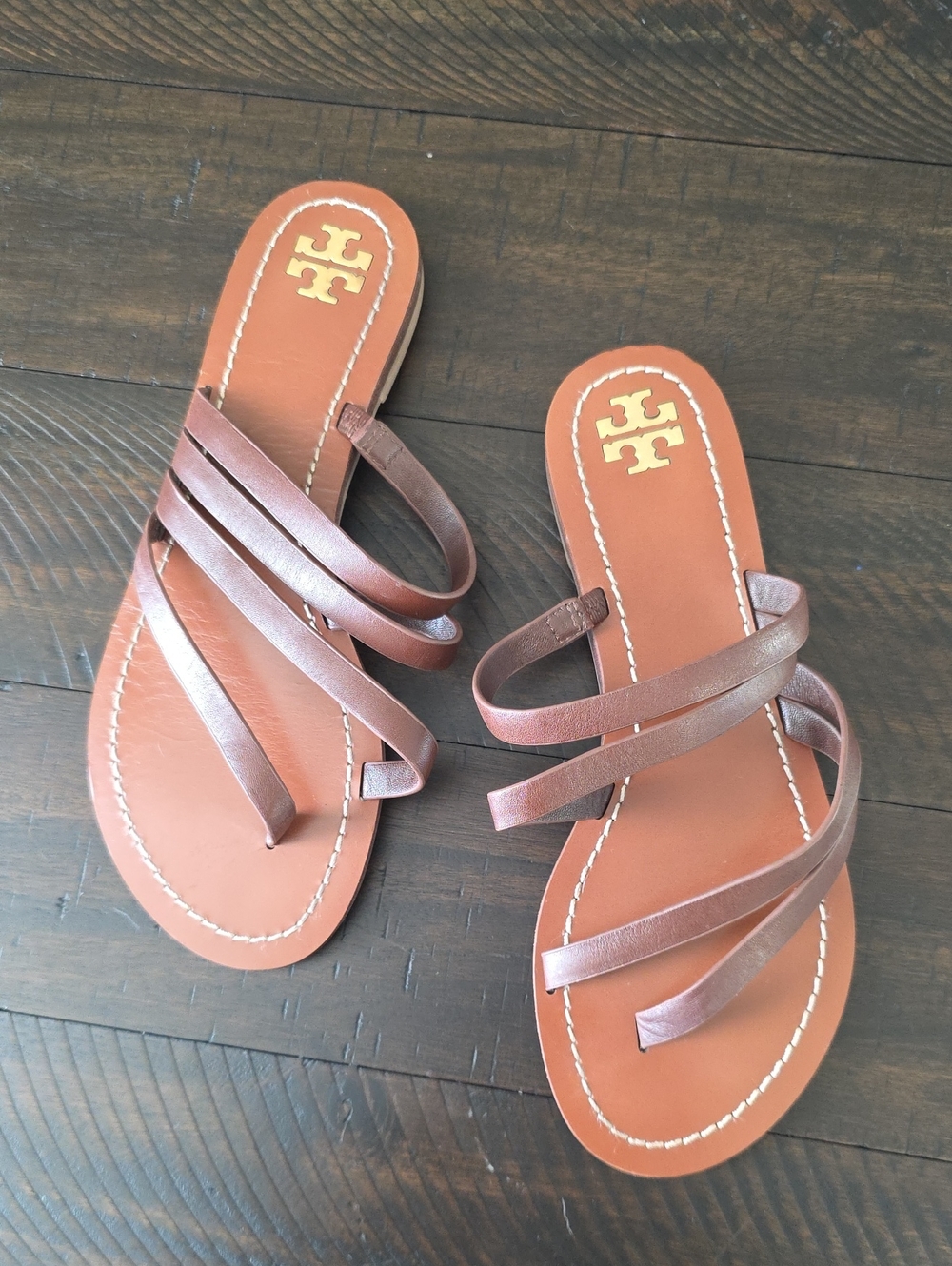Tory Burch Patos Brown Leather Multi-Strap Thong Slide Flats with Gold Logo Sz 7